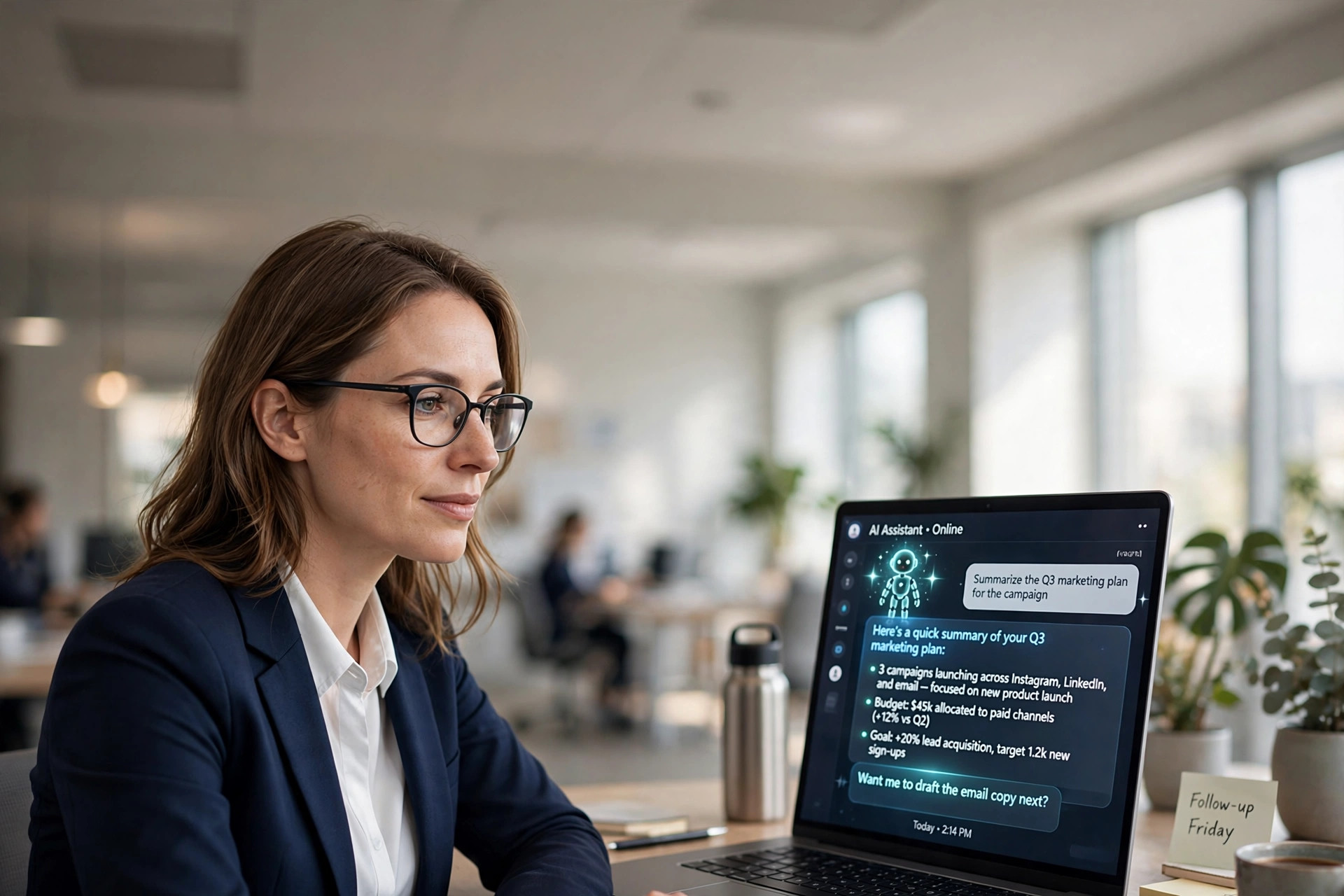 Professional woman using an AI assistant on her laptop — AEO services