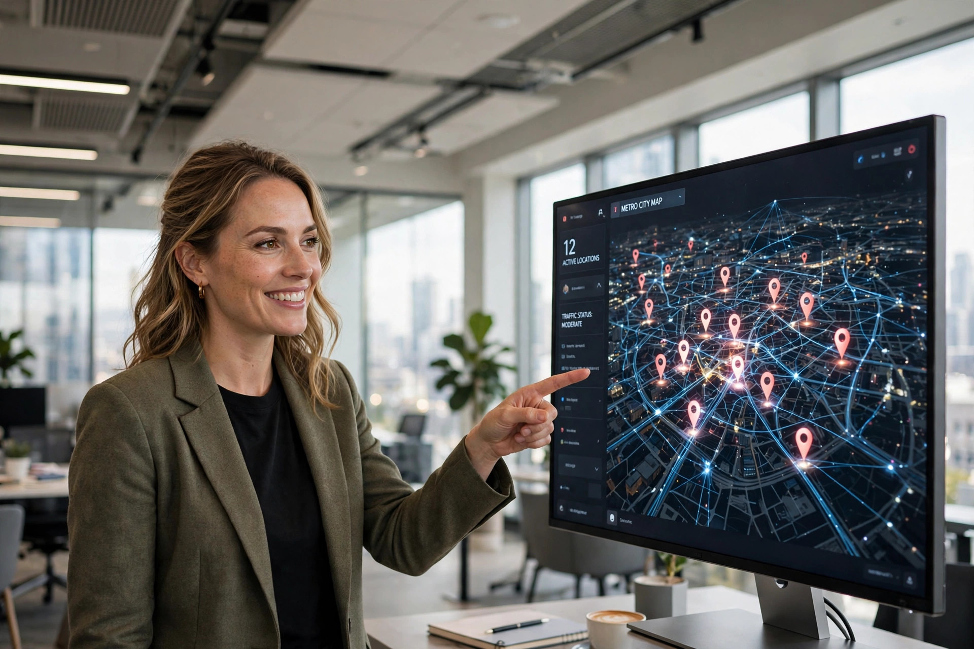 Professional woman reviewing a city map with business locations — GEO local AI visibility services