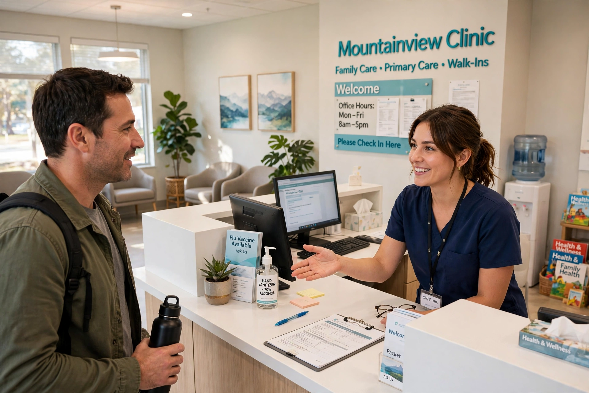 Welcoming medical clinic waiting area with a receptionist greeting a patient at a bright front desk
