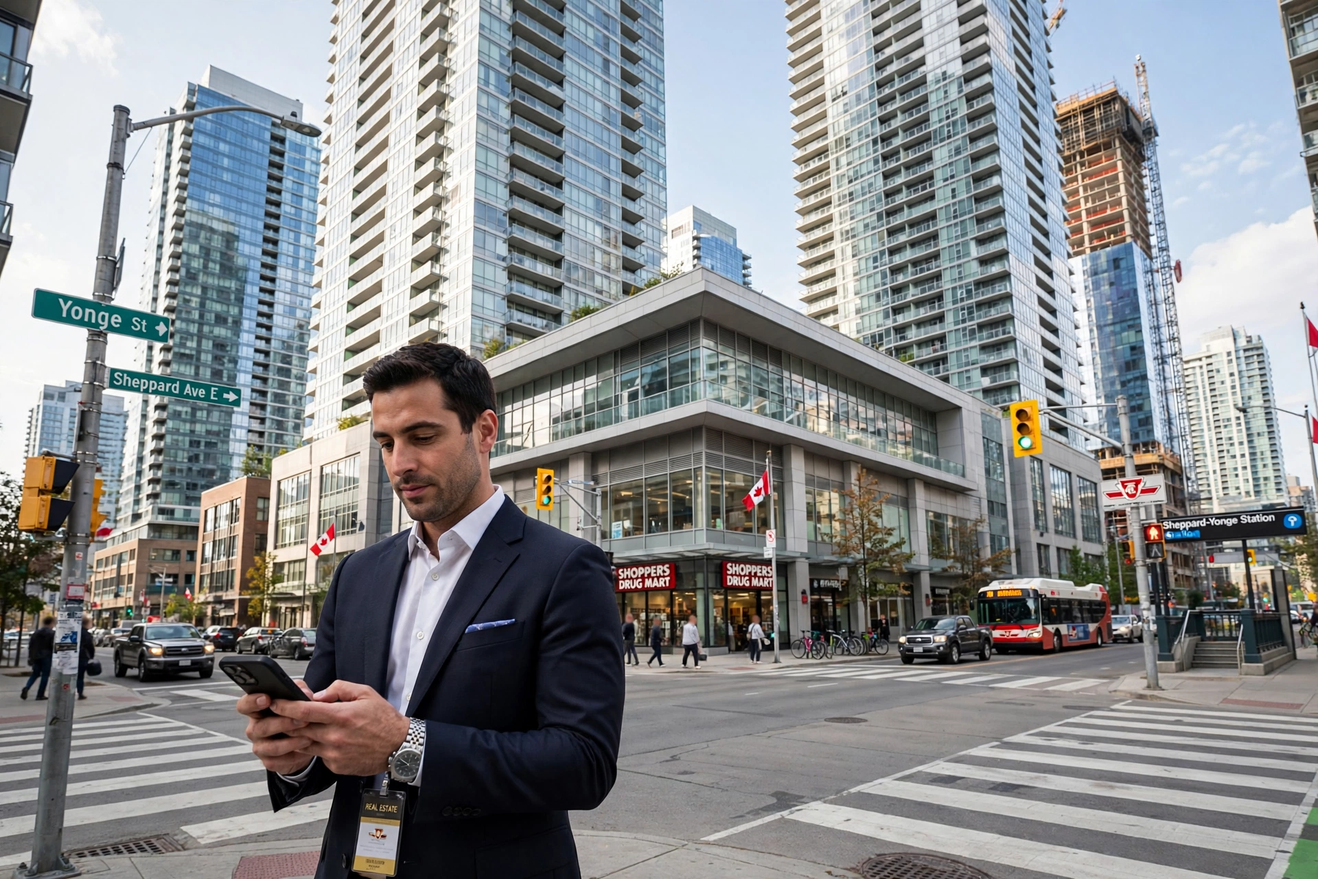 North York real estate professional holding a phone on Yonge Street at Sheppard, with the North York condo towers behind him