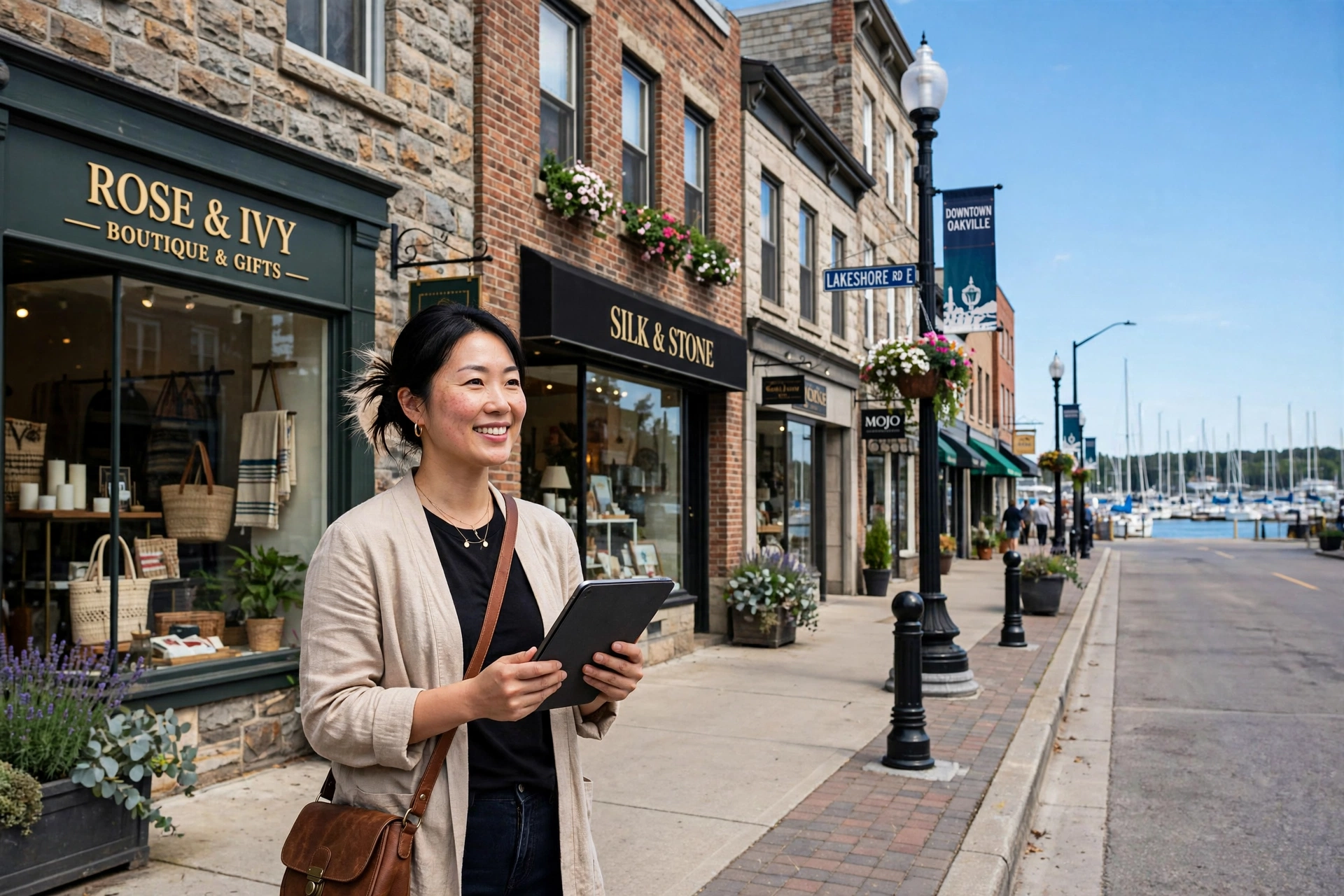 Oakville boutique owner holding a tablet showing an AI answer on Lakeshore Road downtown, with heritage storefronts and harbour masts behind her