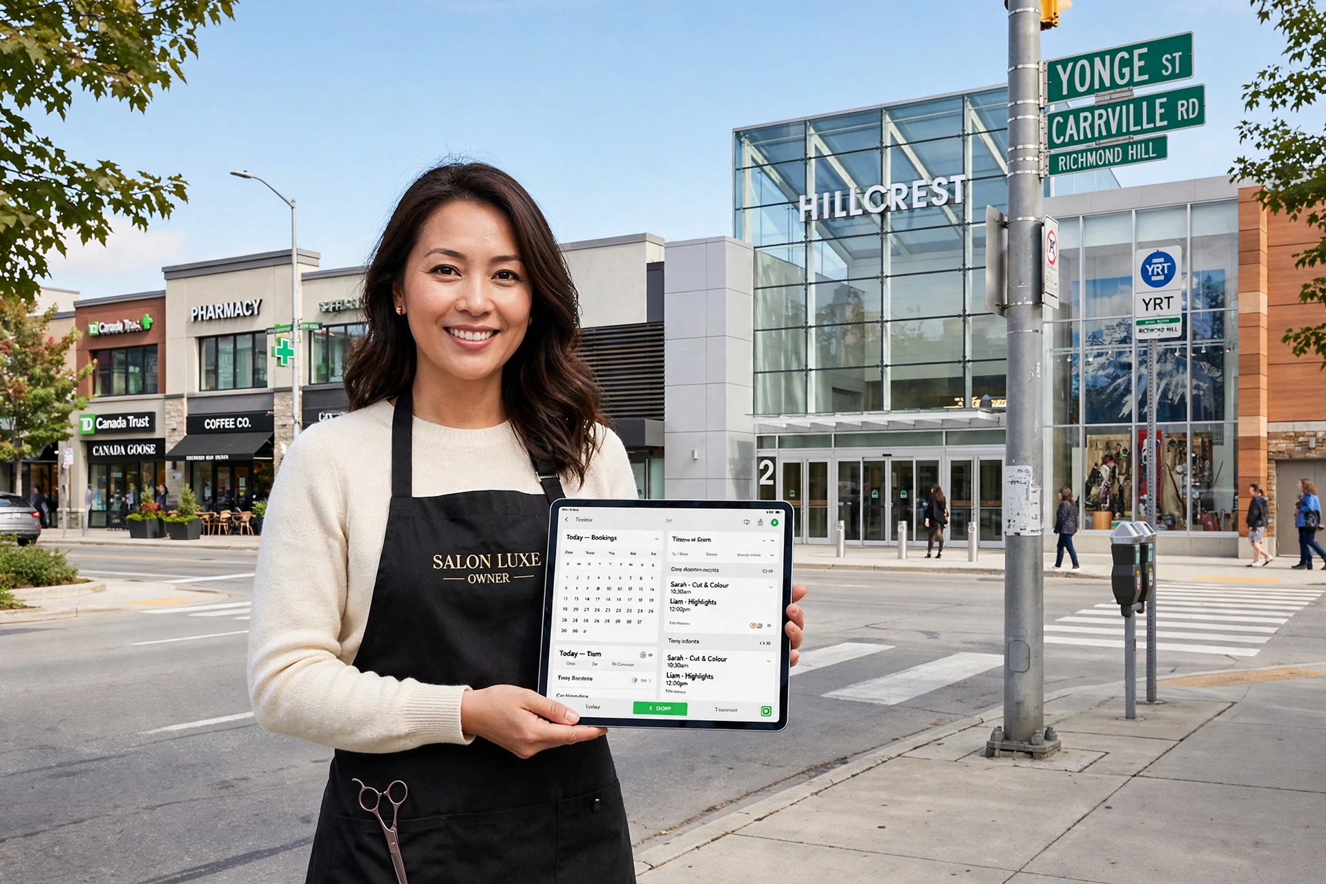 Richmond Hill salon owner reading an AI answer on a tablet on Yonge Street near Hillcrest Mall, with Yonge Street storefronts behind her