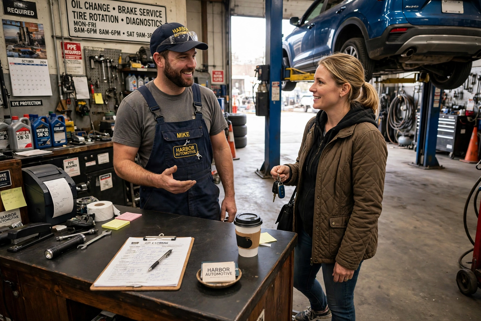 Friendly auto repair shop service counter with a mechanic in overalls speaking with a customer beside a raised vehicle