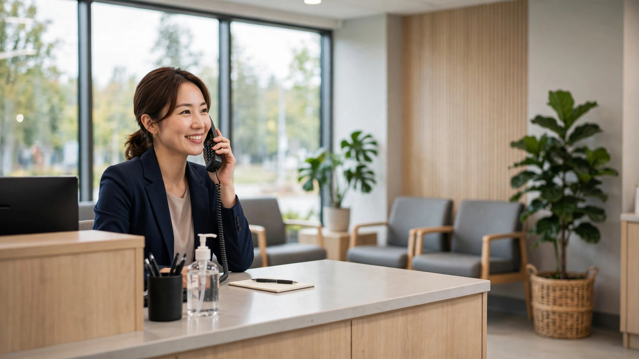 Bright modern clinic reception area with a front desk team member welcoming a patient, ringing phone on the desk