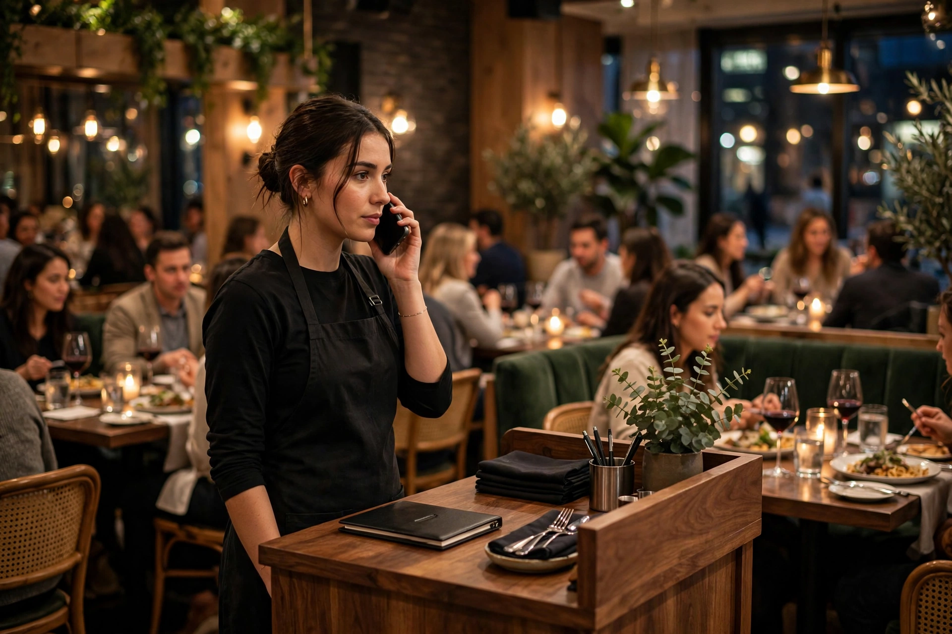Busy Toronto restaurant dining room at dinner service with a host welcoming guests at the entrance and full tables behind her