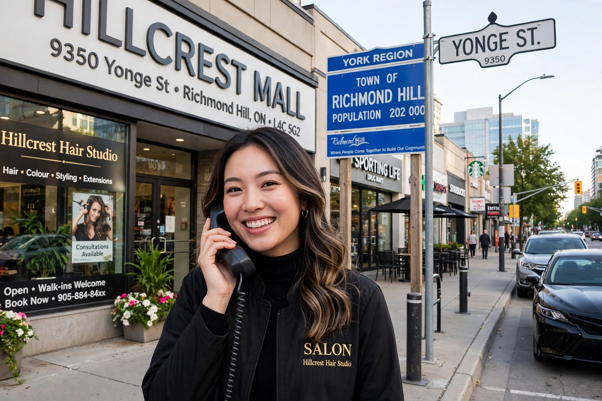 Richmond Hill salon receptionist answering a phone call on Yonge Street near Hillcrest Mall, with Yonge Street storefronts behind her