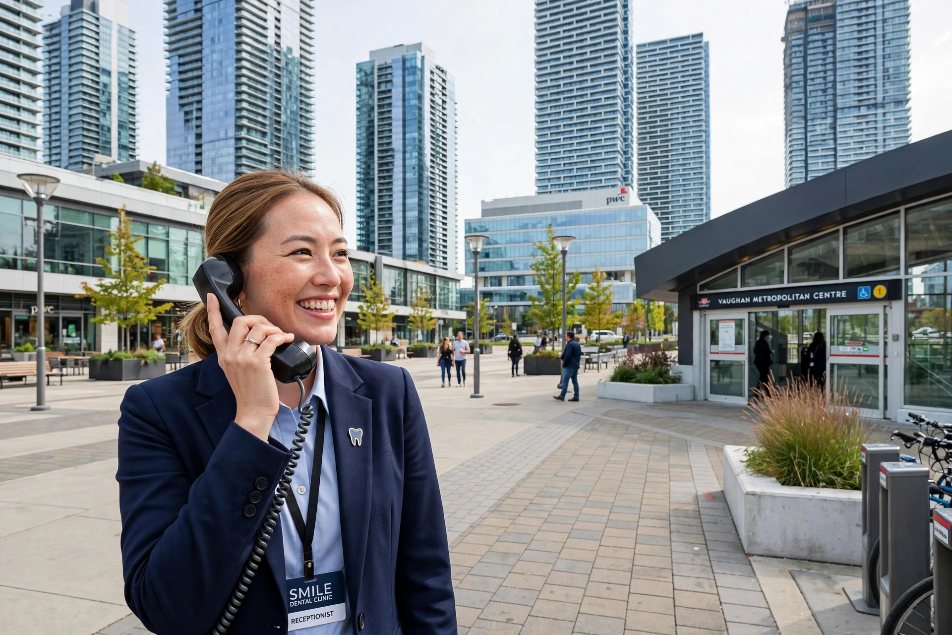 Vaughan dental clinic receptionist answering a phone call at the Vaughan Metropolitan Centre, with the VMC glass towers behind her