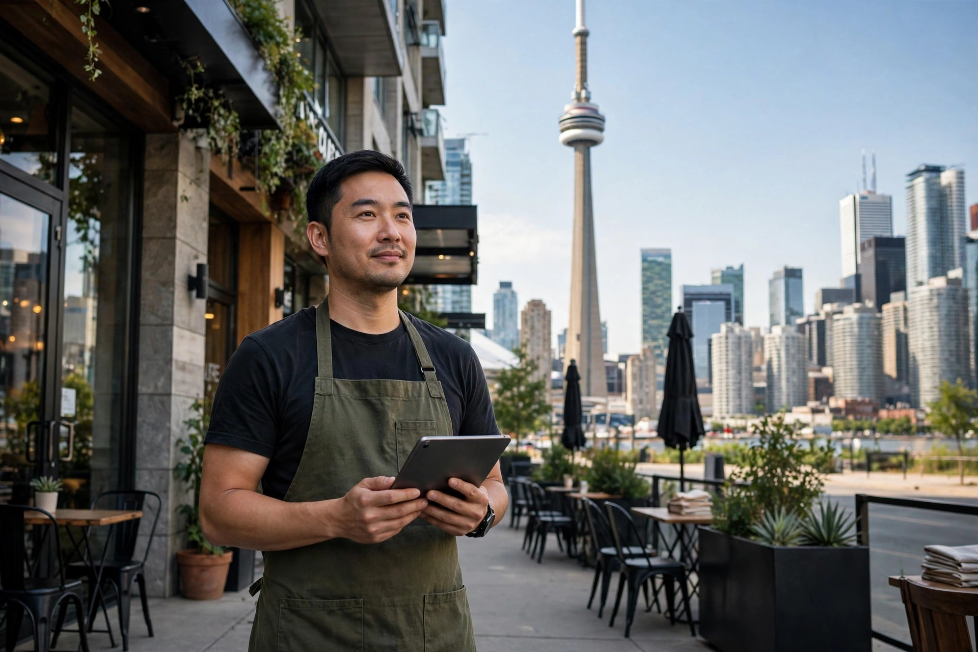 Toronto cafe owner holding a tablet outside his cafe, with the CN Tower and downtown Toronto skyline behind him