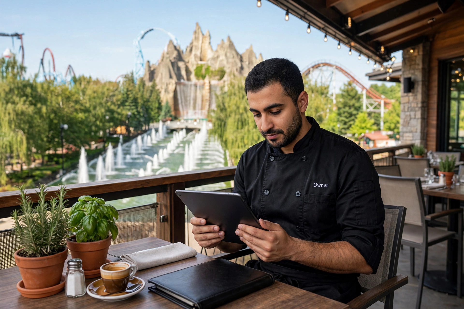 Vaughan restaurant owner reading an AI answer on a tablet outside his restaurant, with Canada's Wonderland's Wonder Mountain and roller coasters behind him