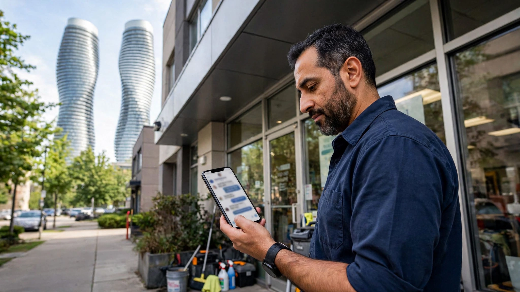 Mississauga home-services owner holding a phone with a chat conversation outside his shop, with the Absolute World towers behind him