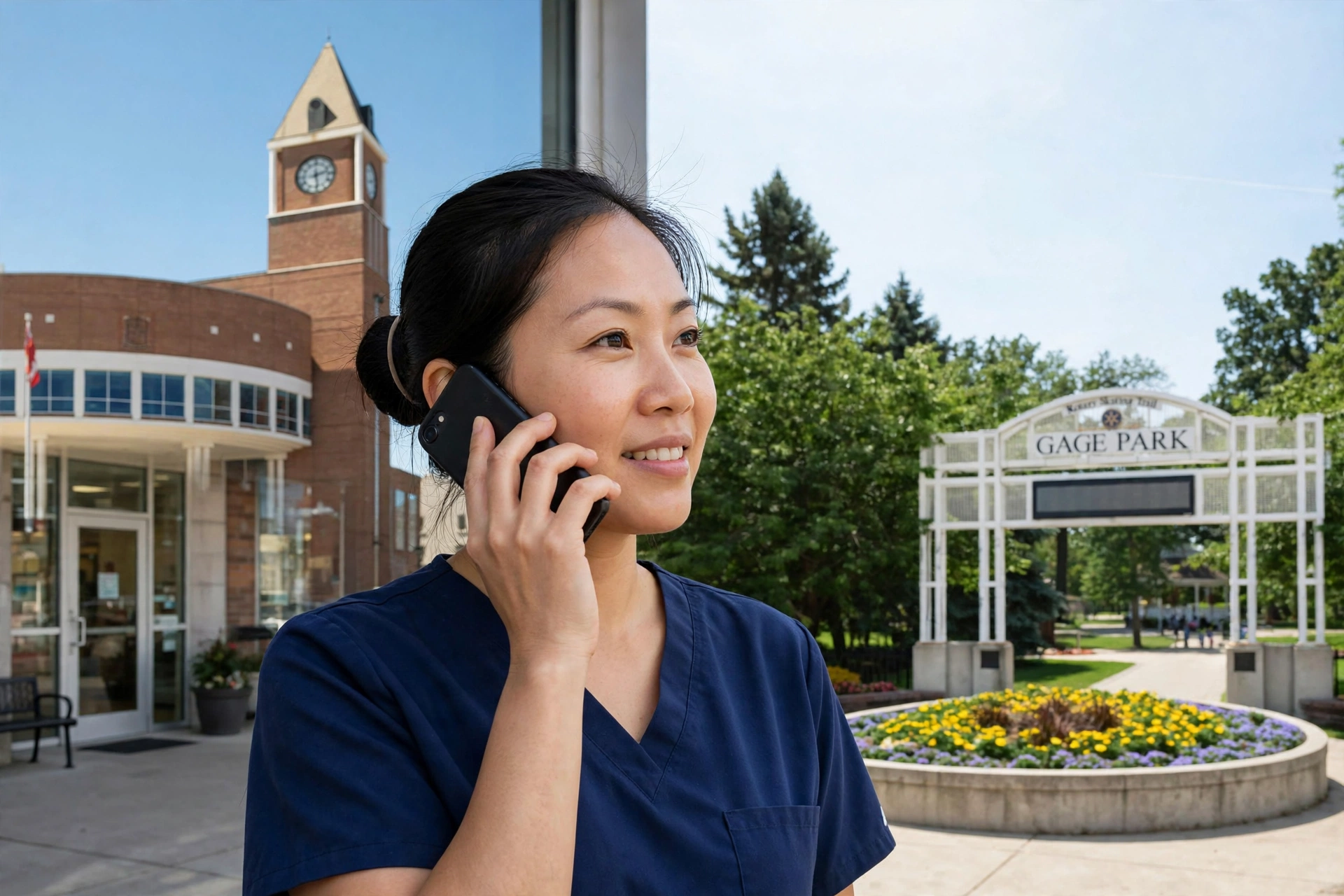 Brampton dental clinic receptionist answering a phone call on Queen Street, with Brampton City Hall clock tower and the Gage Park arch behind her