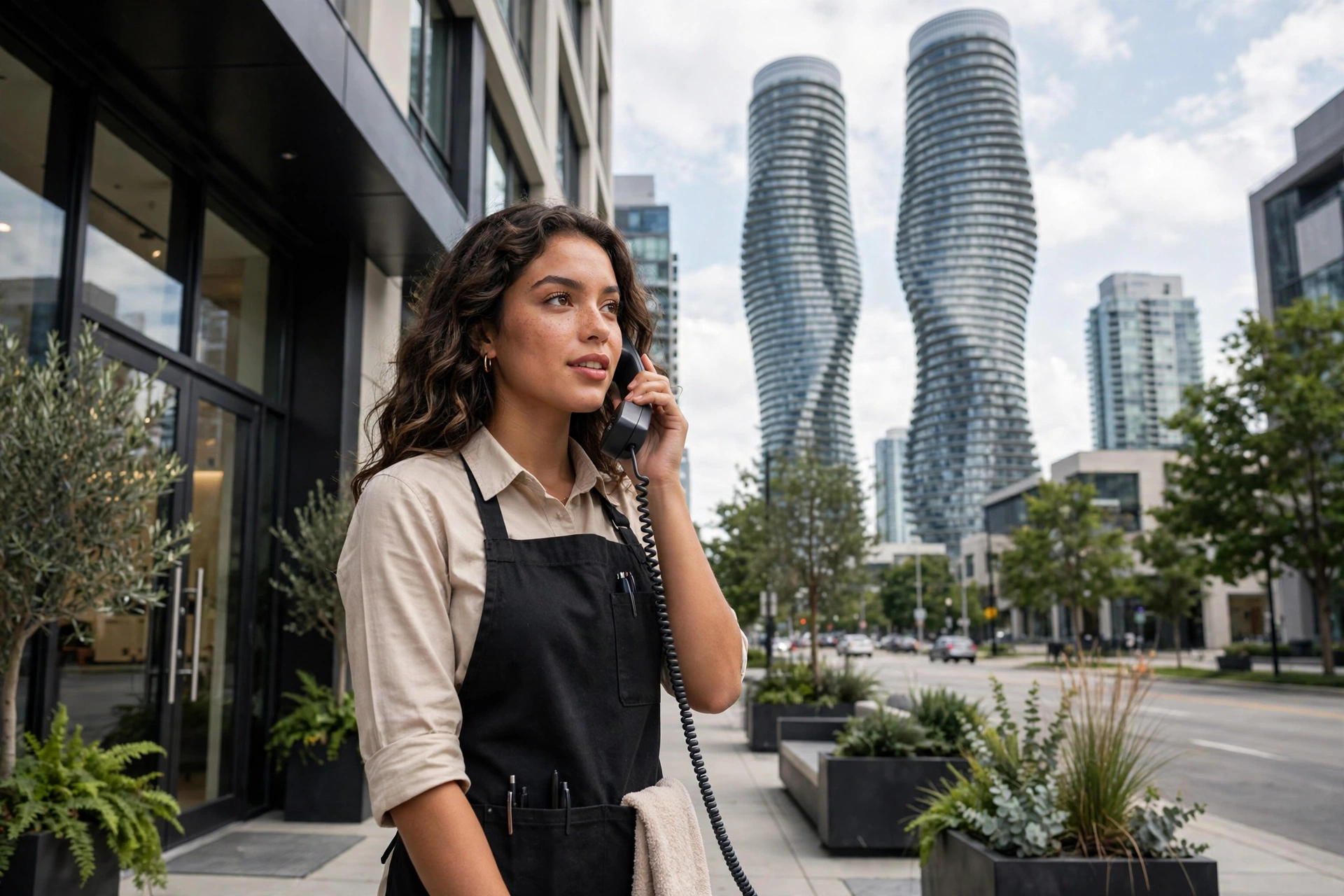 Mississauga salon receptionist answering a desk phone outside the salon, with the Absolute World Marilyn Monroe towers behind her