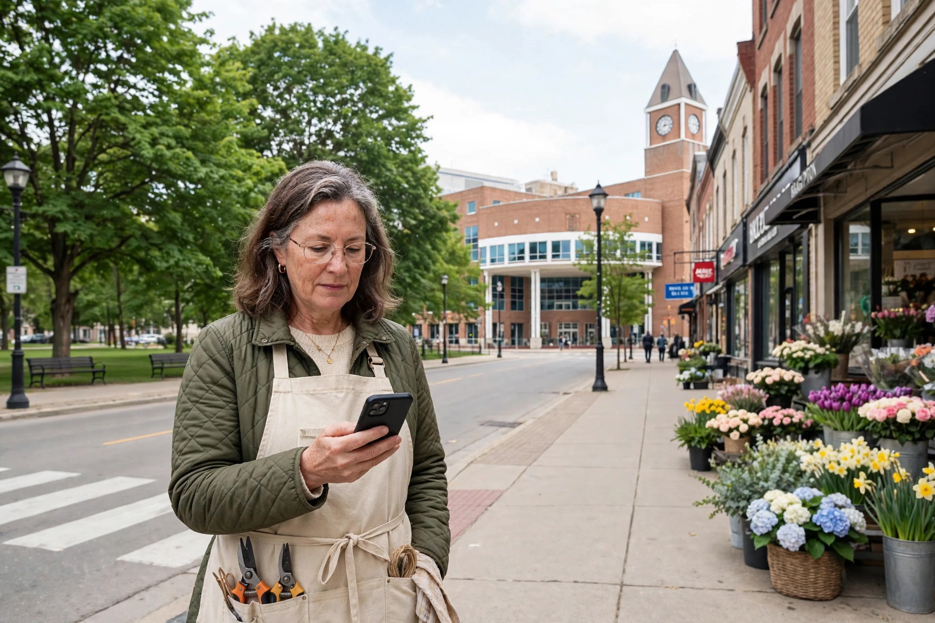 Brampton flower shop owner holding a smartphone on Queen Street, with the Brampton City Hall clock tower and Gage Park behind her