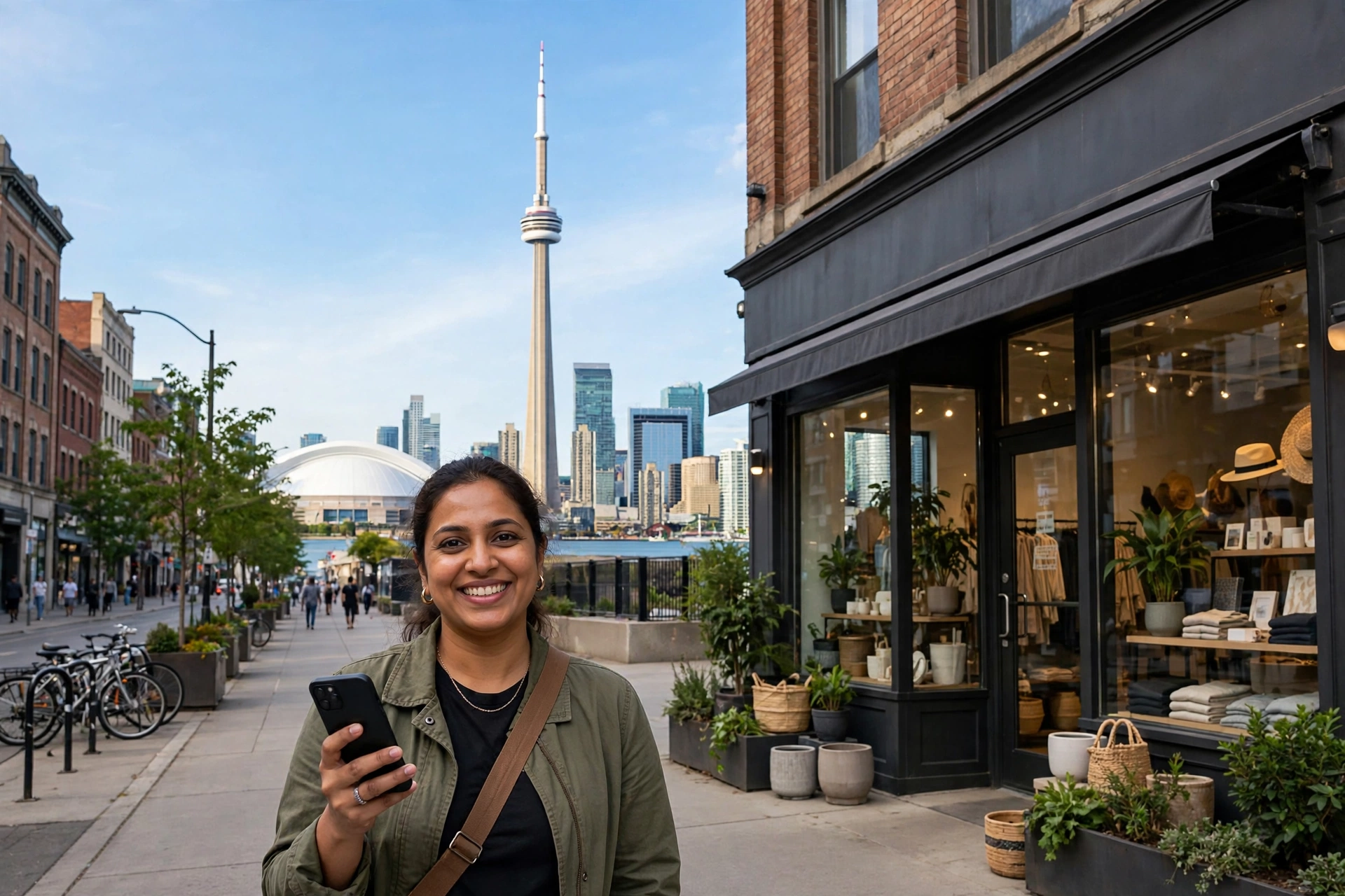 Toronto shop owner holding a smartphone outside her storefront, with the CN Tower and downtown Toronto skyline behind her