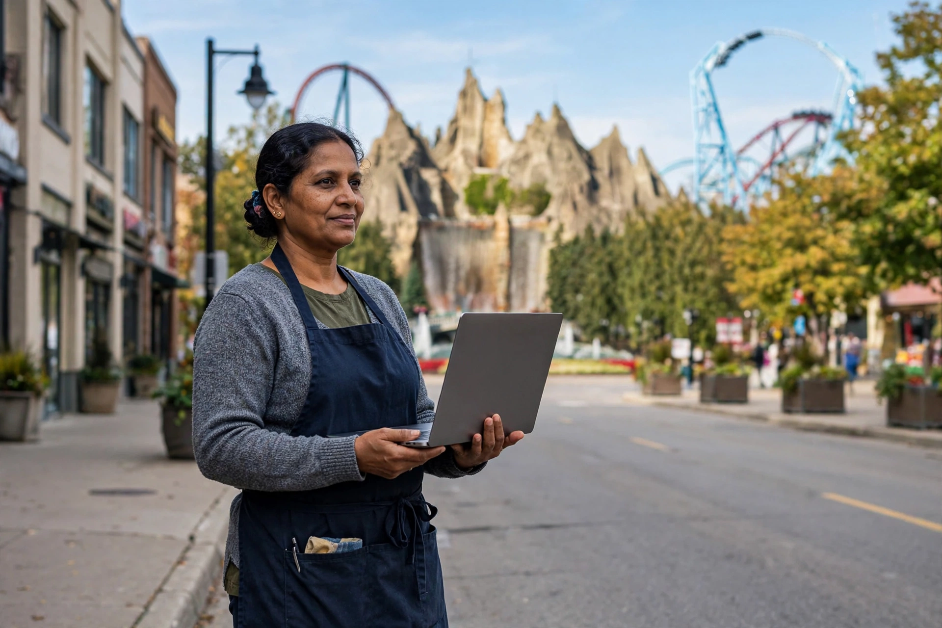 Vaughan cafe owner holding a laptop on a Vaughan street, with Canada's Wonderland's Wonder Mountain and roller coasters behind her