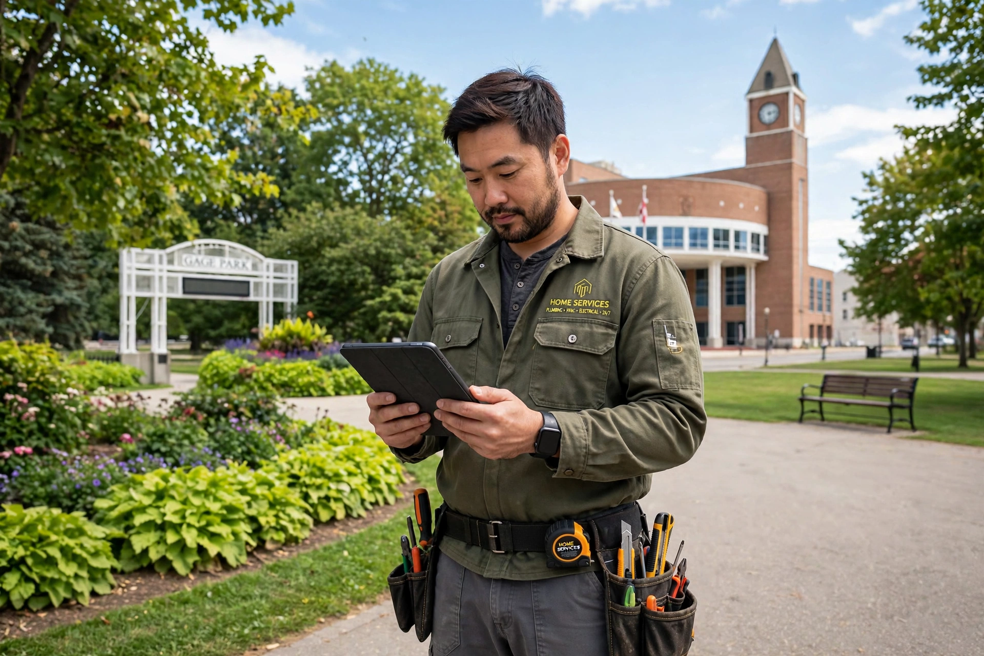 Brampton home services owner holding a tablet in Gage Park, with the Brampton City Hall clock tower behind him