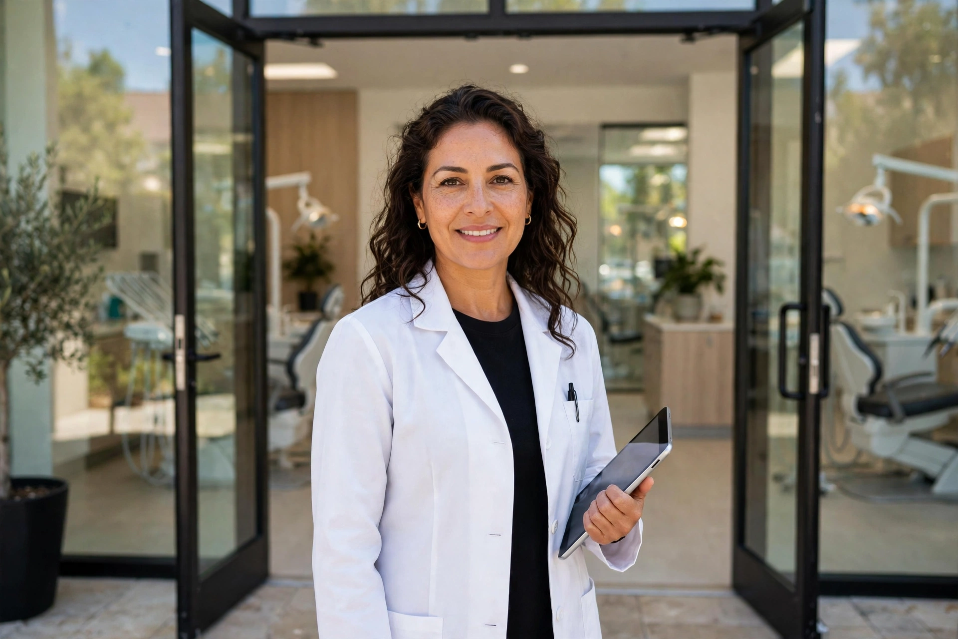 Dentist in a white coat holding a tablet at the entrance of a modern dental clinic, treatment rooms visible through glass behind her