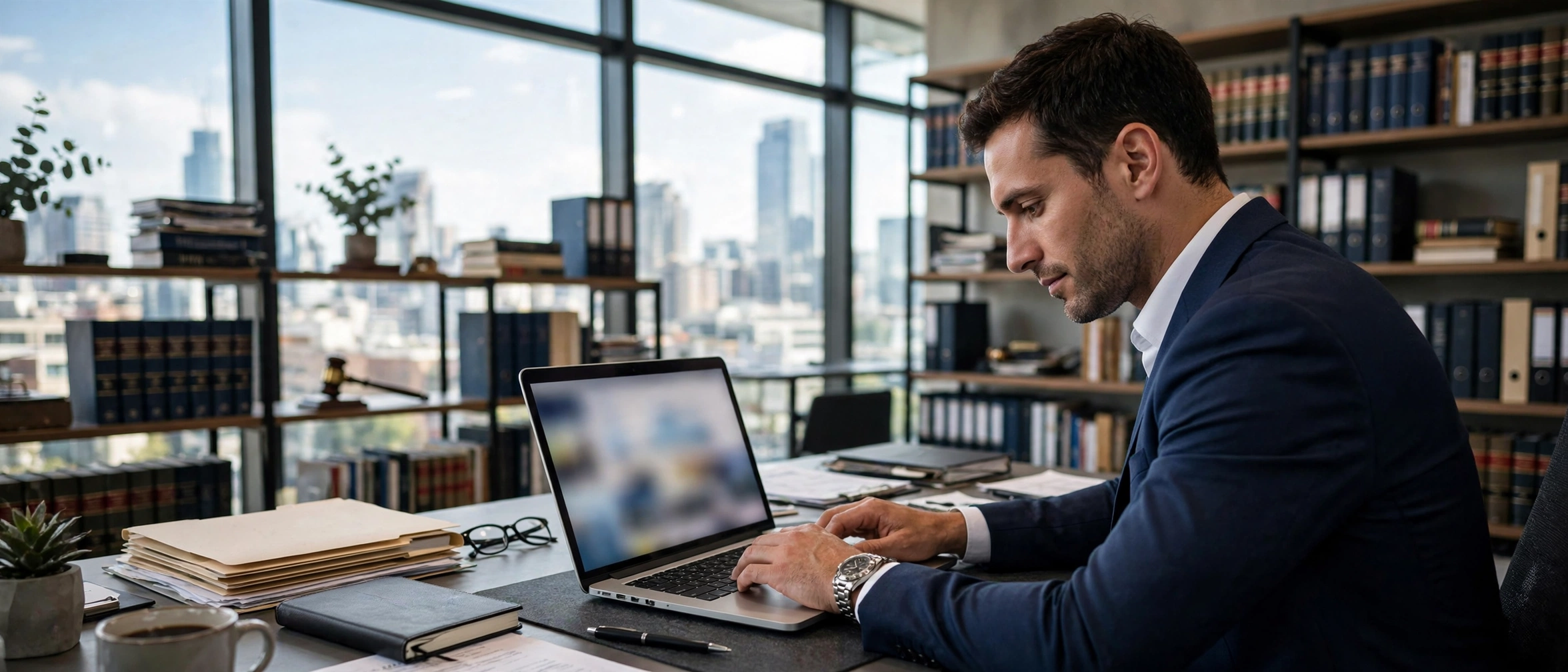 Confident lawyer in a tailored suit reviewing case notes at a desk in a bright law office with law books and a laptop