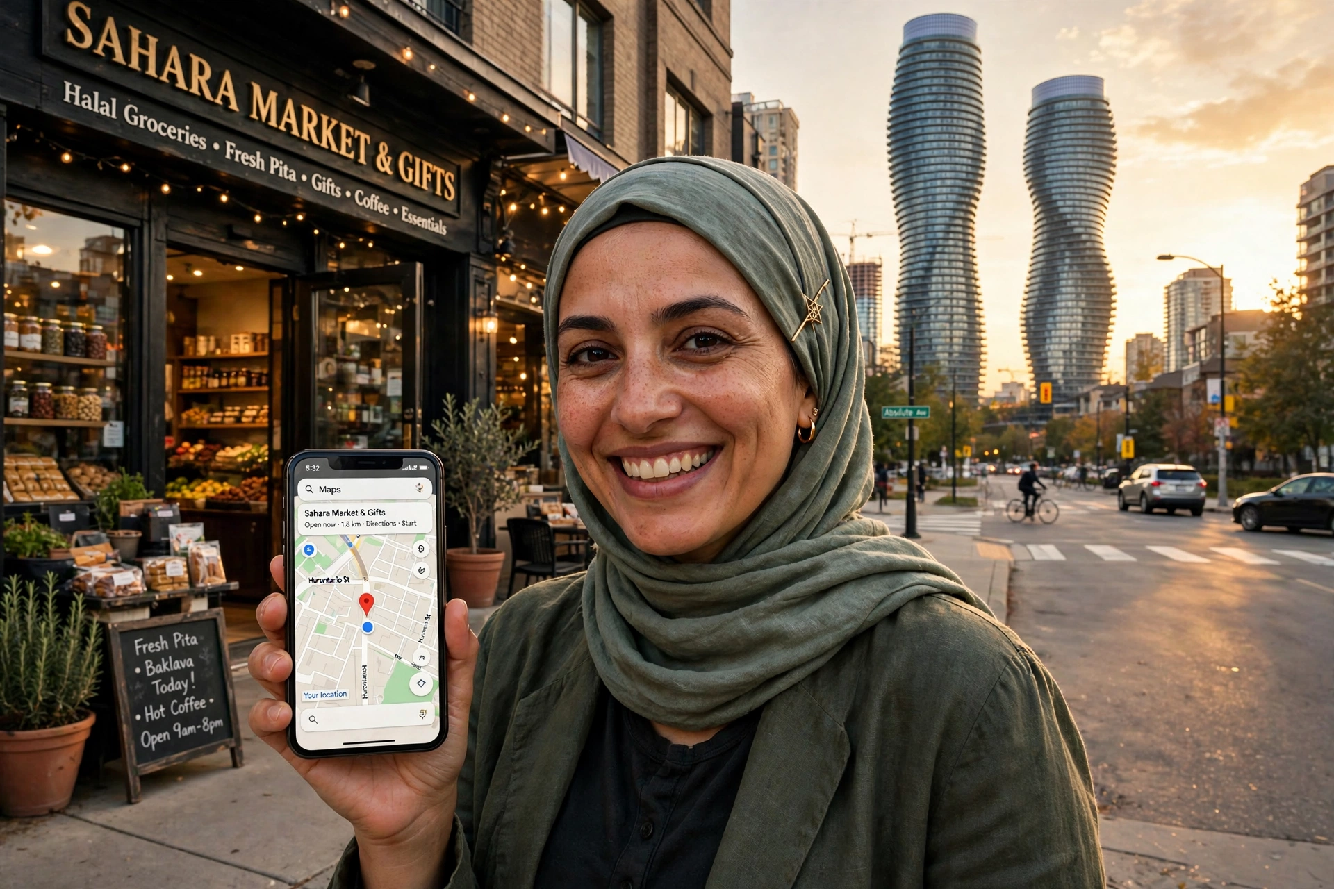 Mississauga shop owner holding a phone showing a map pin outside her store, with the Absolute towers behind her