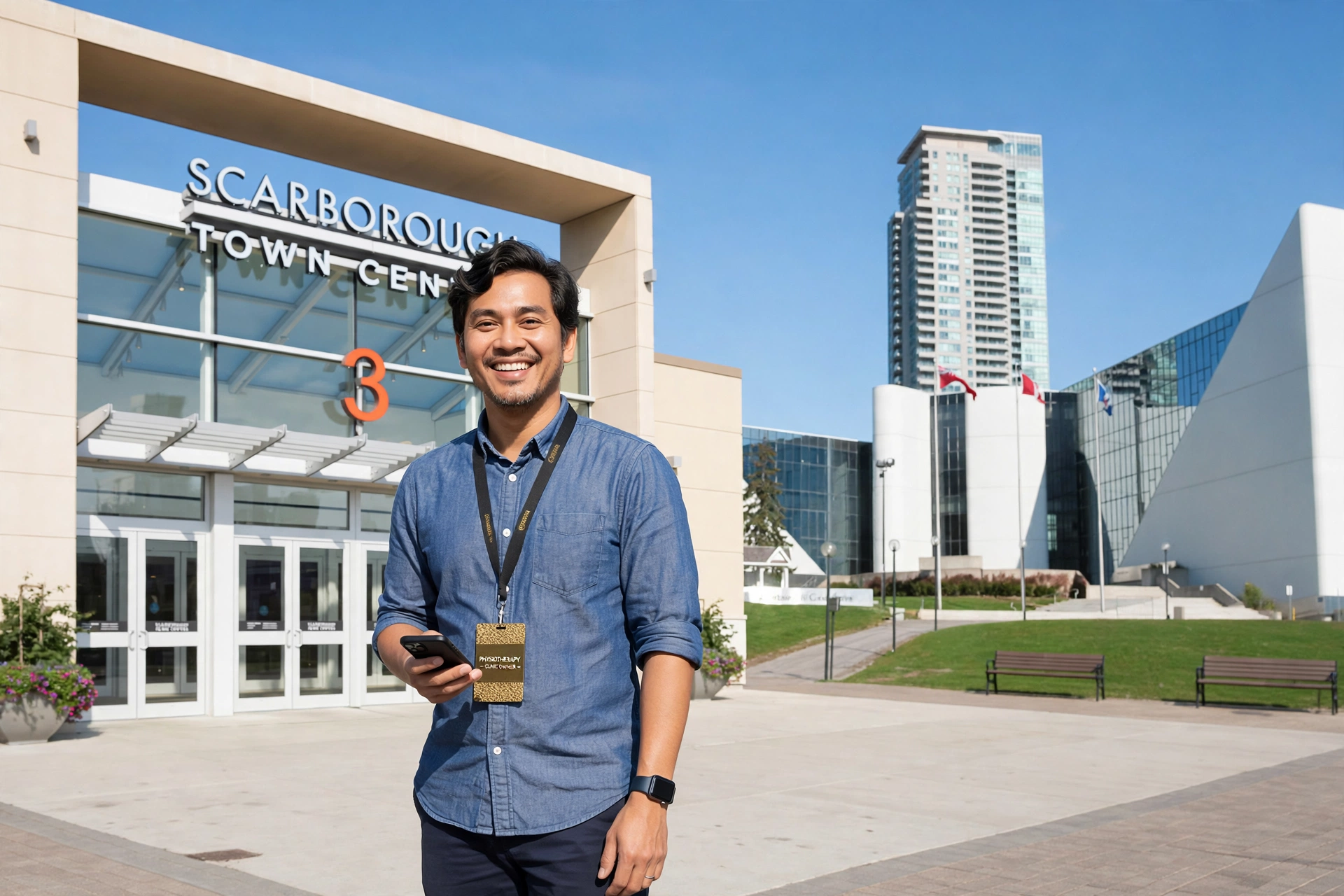 Scarborough physiotherapy clinic owner holding a phone outside Scarborough Town Centre, with the civic centre towers behind him