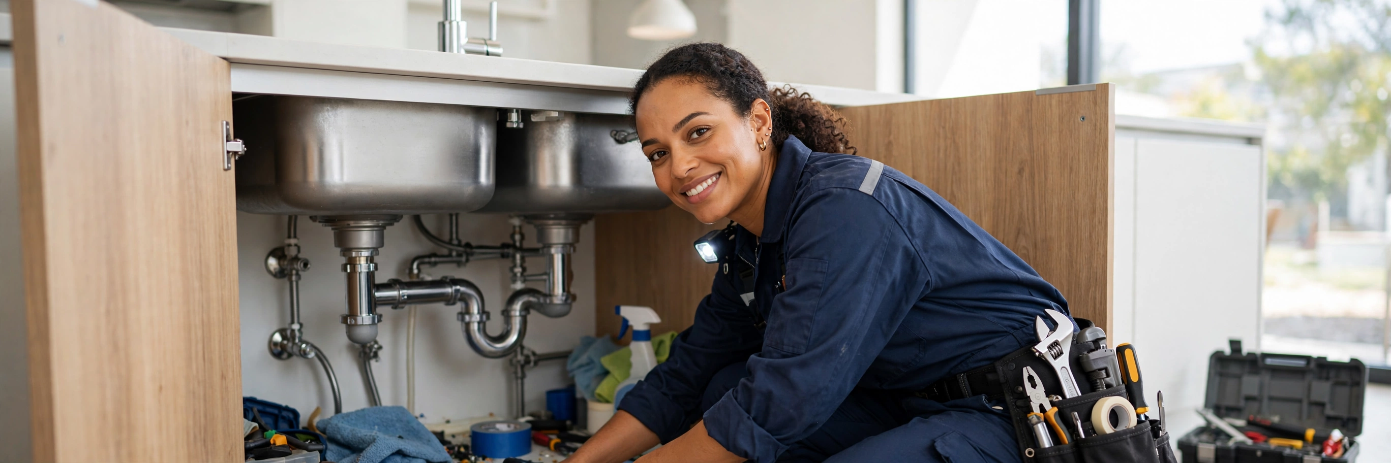 Professional plumber at work while an AI receptionist answers the company phone