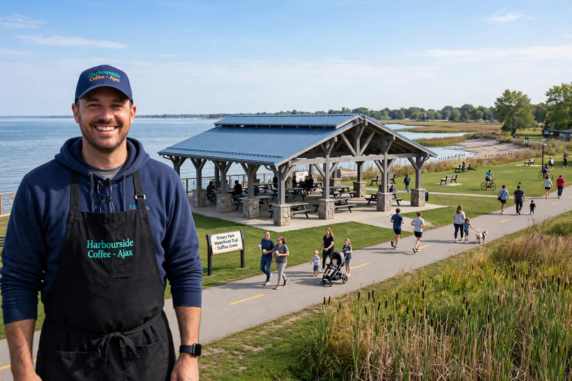 Ajax business owner standing on the waterfront trail at Rotary Park, with the park pavilion and Lake Ontario behind him