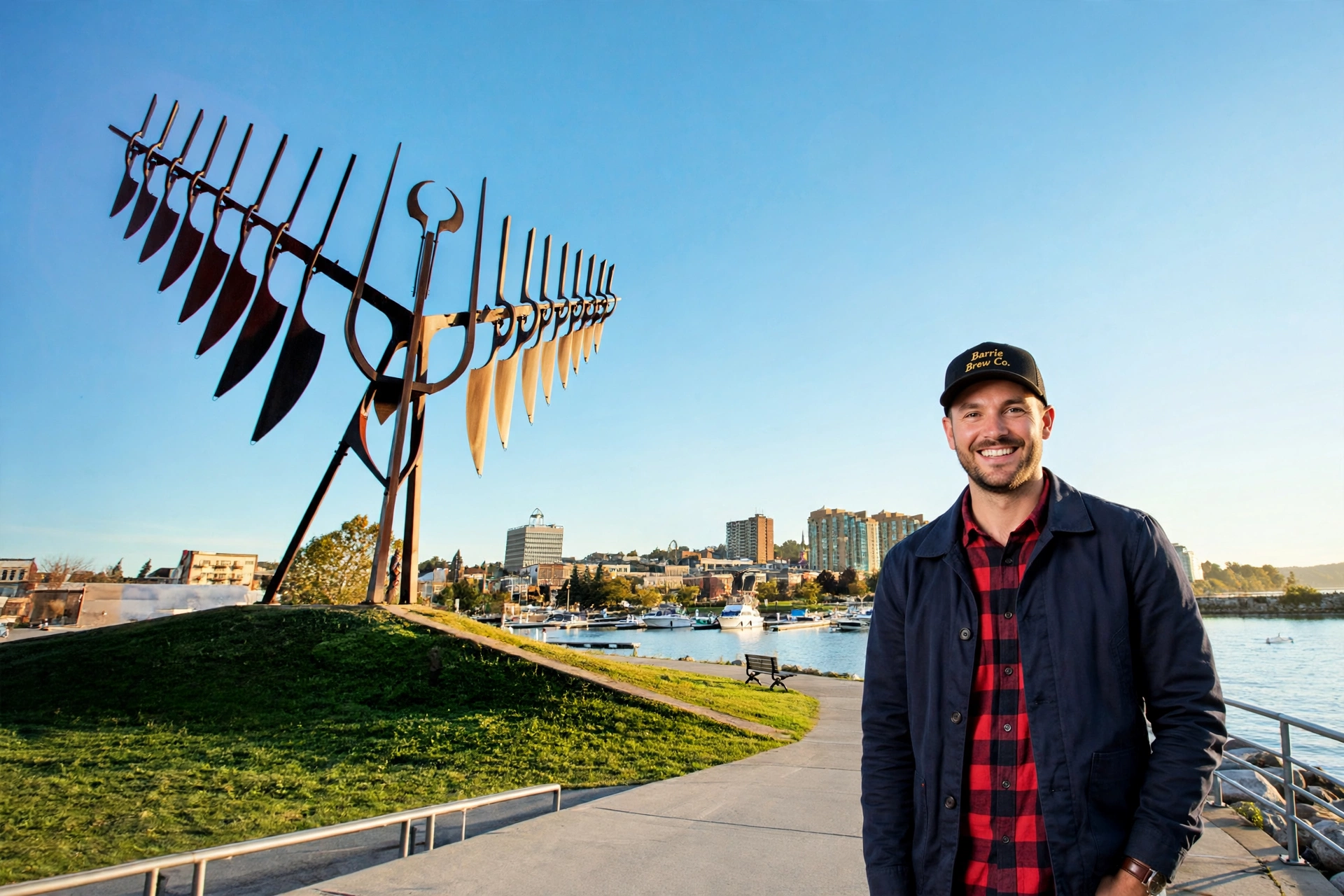 Barrie business owner standing on the Kempenfelt Bay waterfront promenade, with the Spirit Catcher sculpture, the bay and the downtown skyline behind him