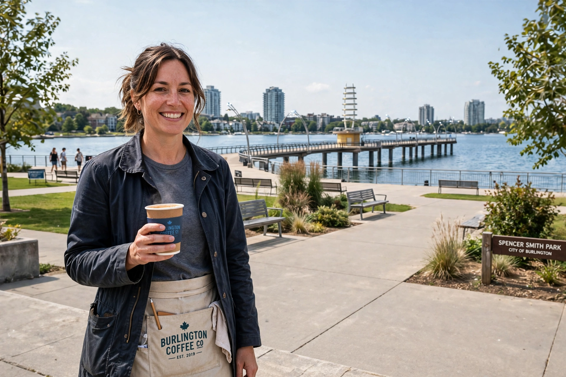 Burlington cafe owner holding a coffee cup at Spencer Smith Park, with the Brant Street Pier and Lake Ontario behind her
