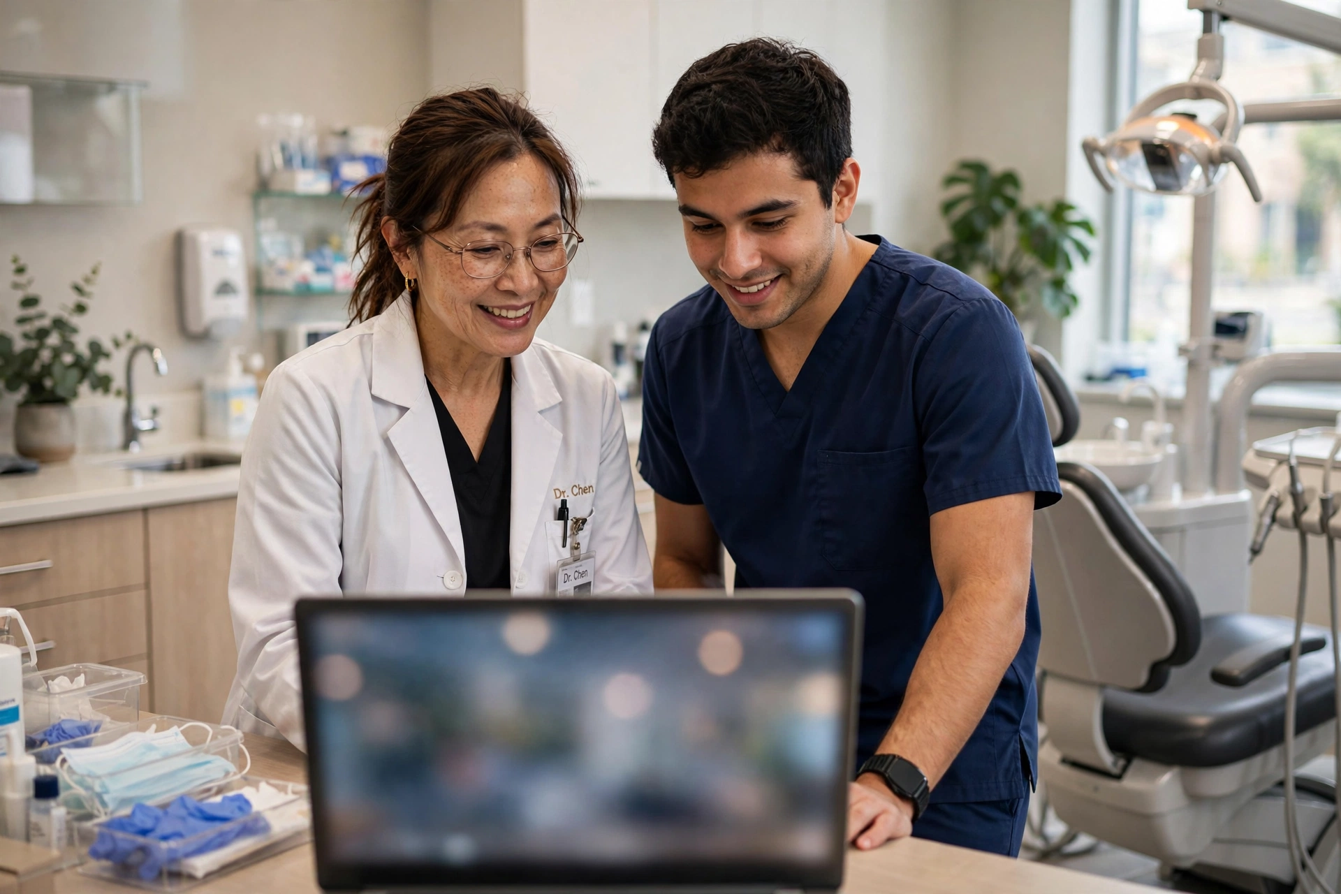 Dentist and dental assistant reviewing new patient bookings on a laptop in their clinic