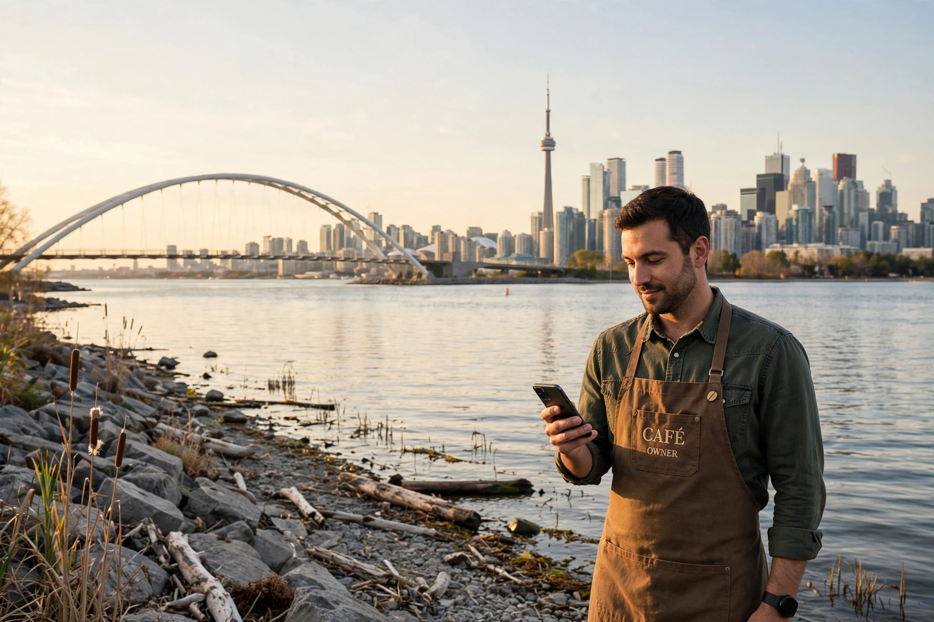 Etobicoke cafe owner holding a phone on the Humber Bay shore, with the Humber Bay Arch Bridge and the Toronto skyline behind him