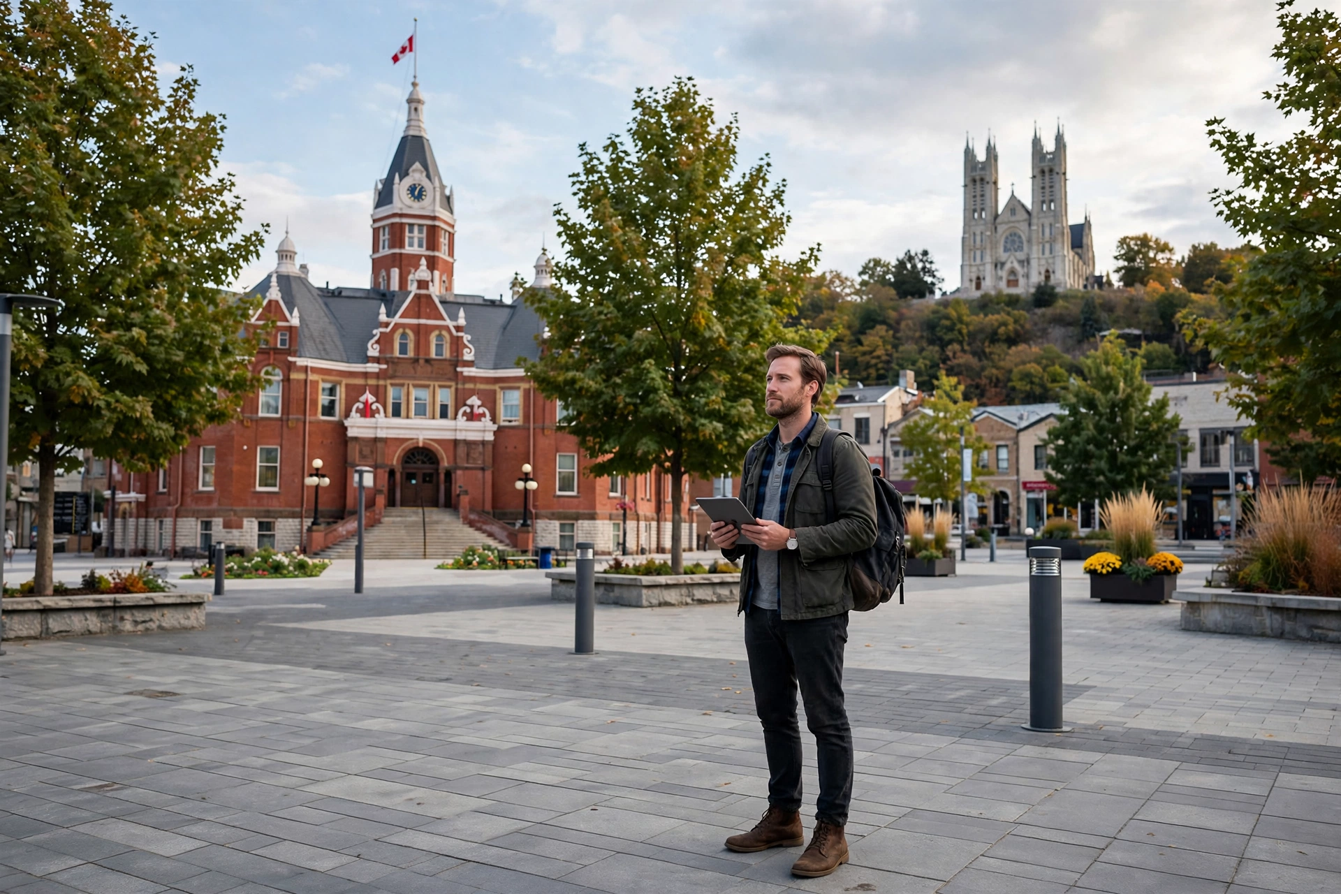 Guelph business owner standing in Market Square in front of Guelph City Hall, with the Basilica of Our Lady Immaculate on the hill behind