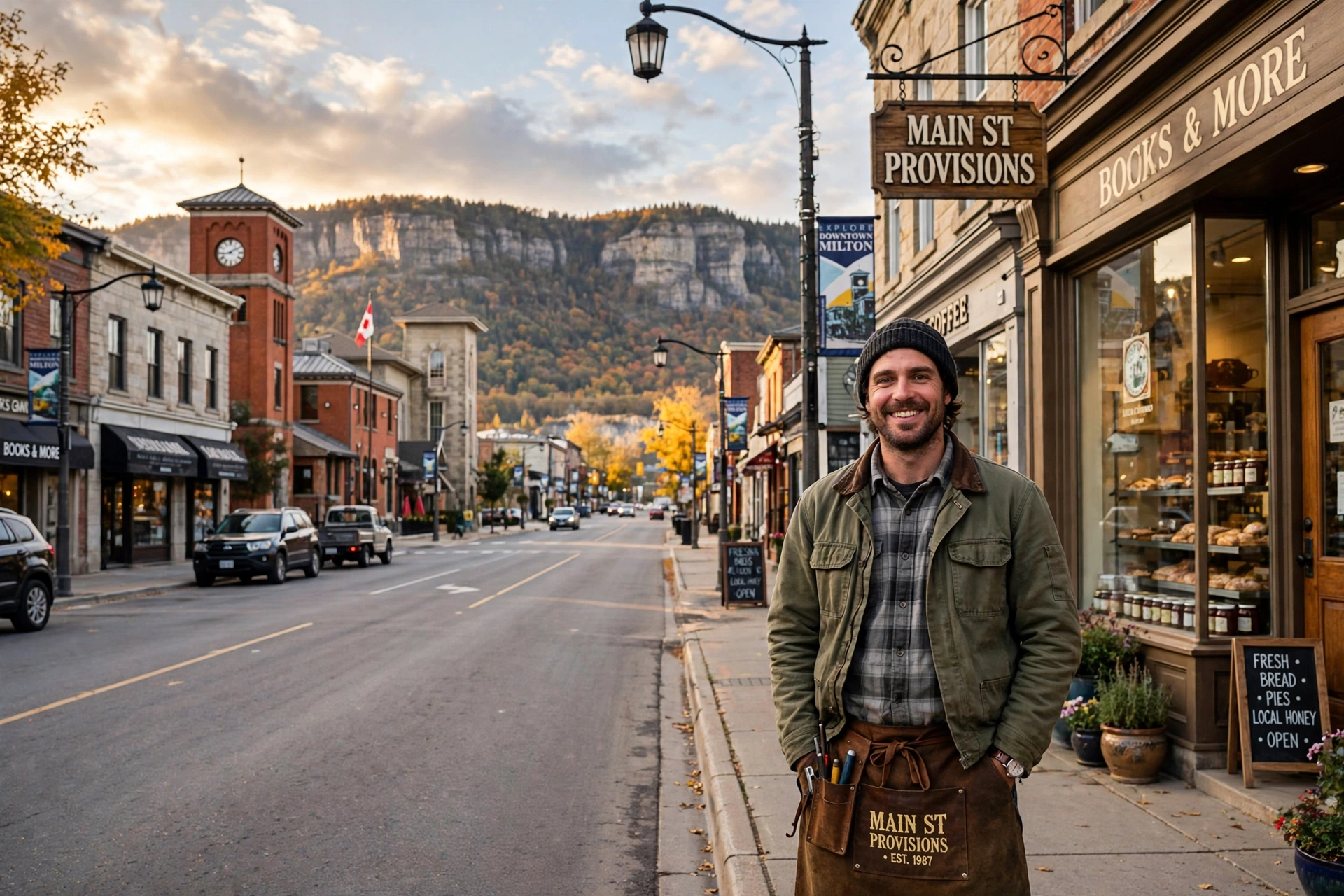 Milton shop owner standing on historic Main Street Milton, with the clock tower, heritage storefronts and the Niagara Escarpment behind him