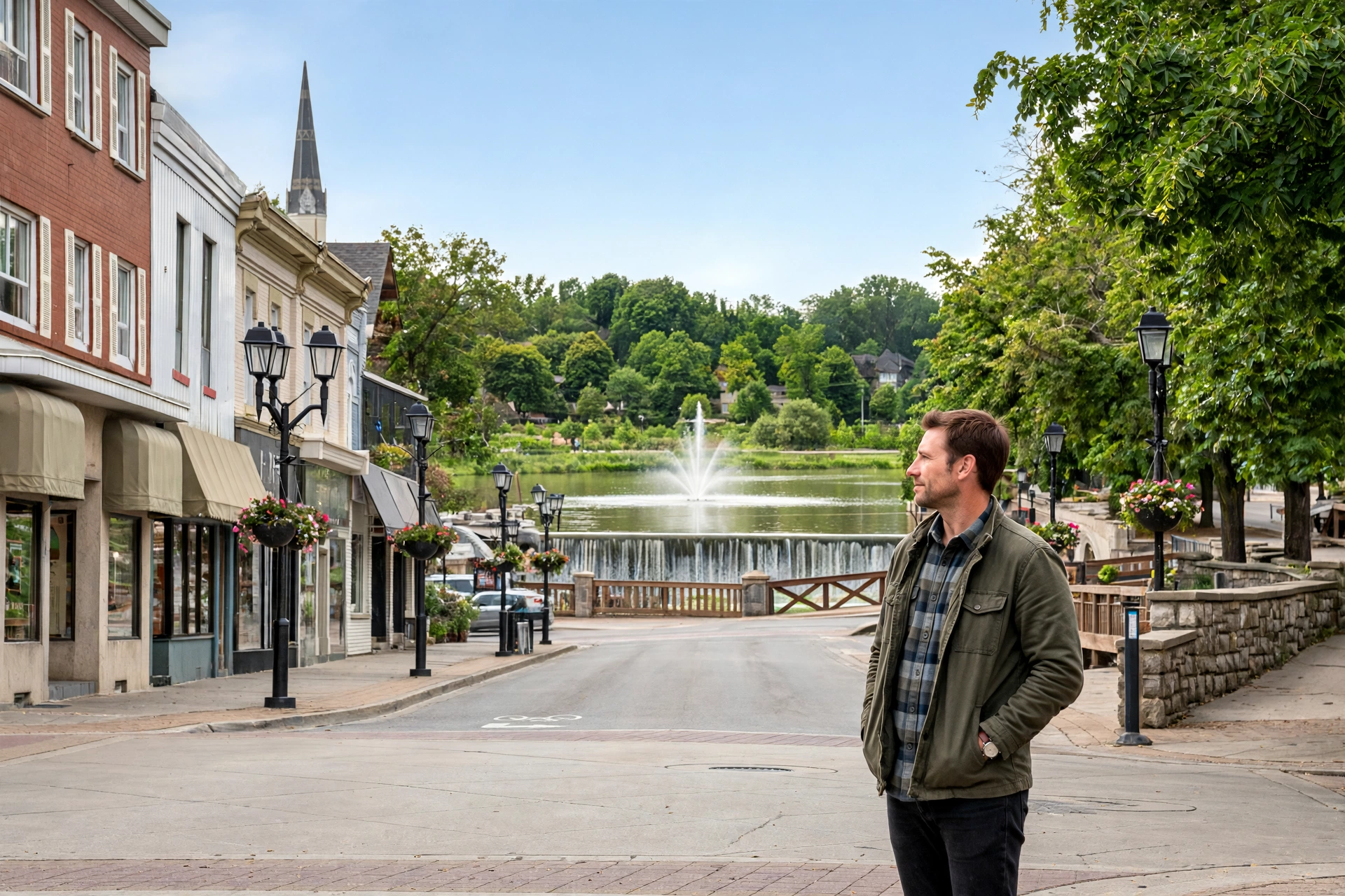 Newmarket business owner standing on historic Main Street Newmarket, with heritage storefronts and the Fairy Lake area behind her