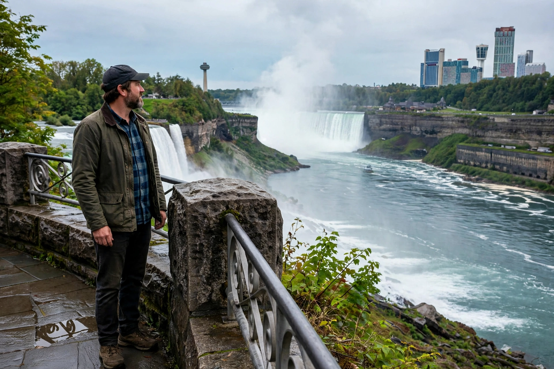 Niagara Falls business owner standing near Table Rock with Horseshoe Falls and the Skylon Tower behind her