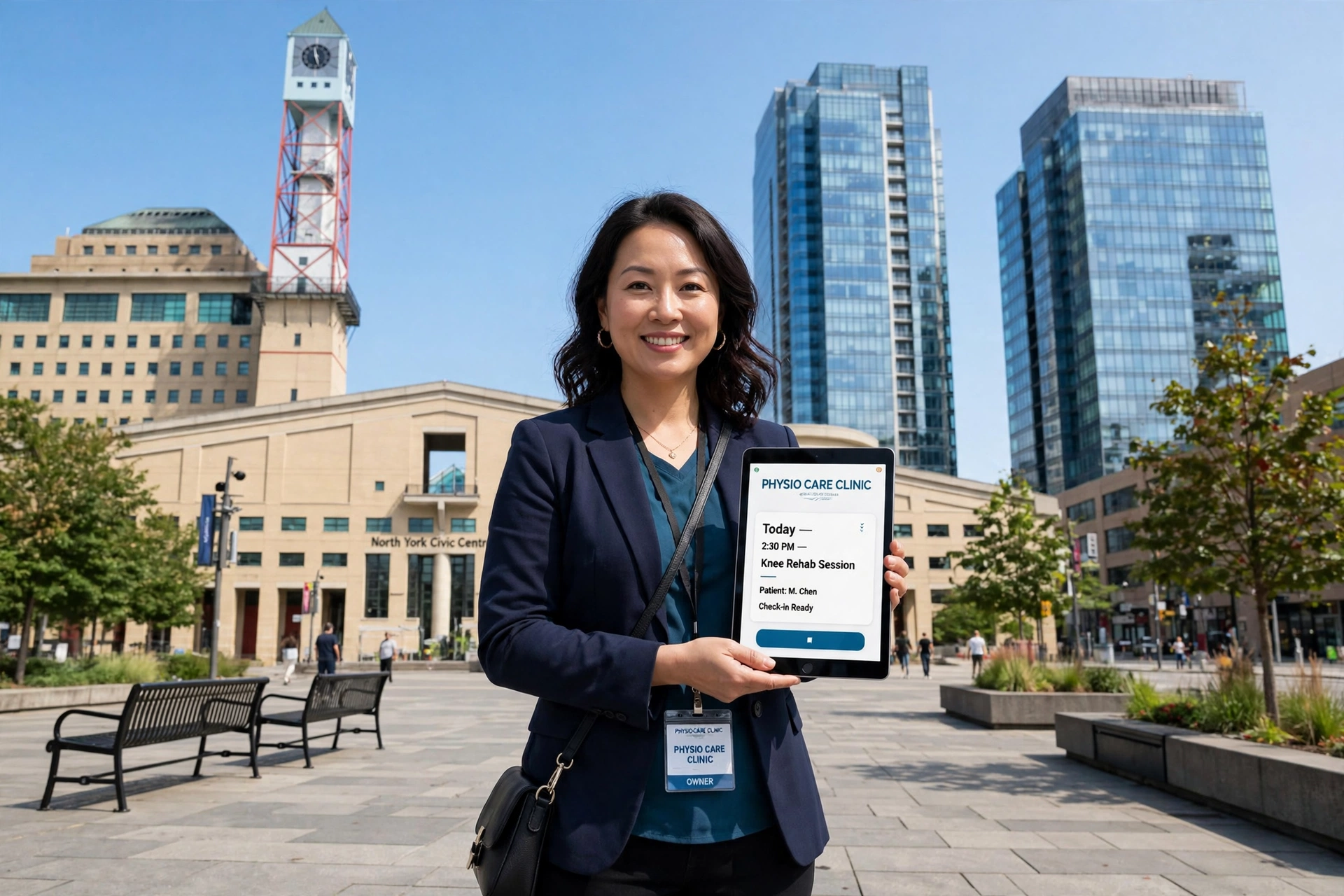 North York physiotherapy clinic owner holding a tablet in Mel Lastman Square, with the North York Civic Centre towers behind her