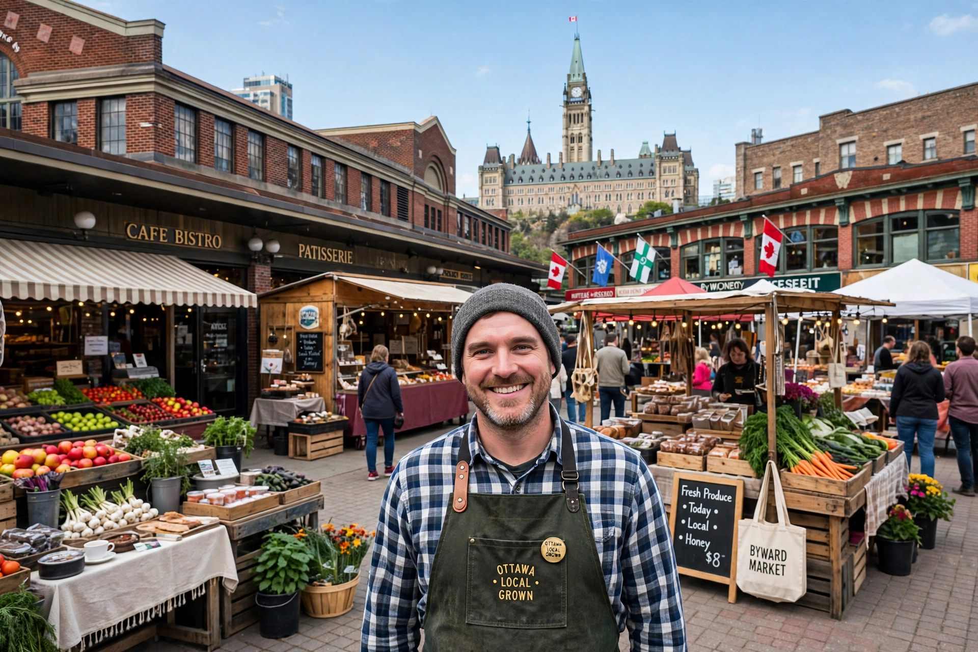 Ottawa market vendor in the ByWard Market with market stalls around him and Parliament Hill and the Peace Tower behind