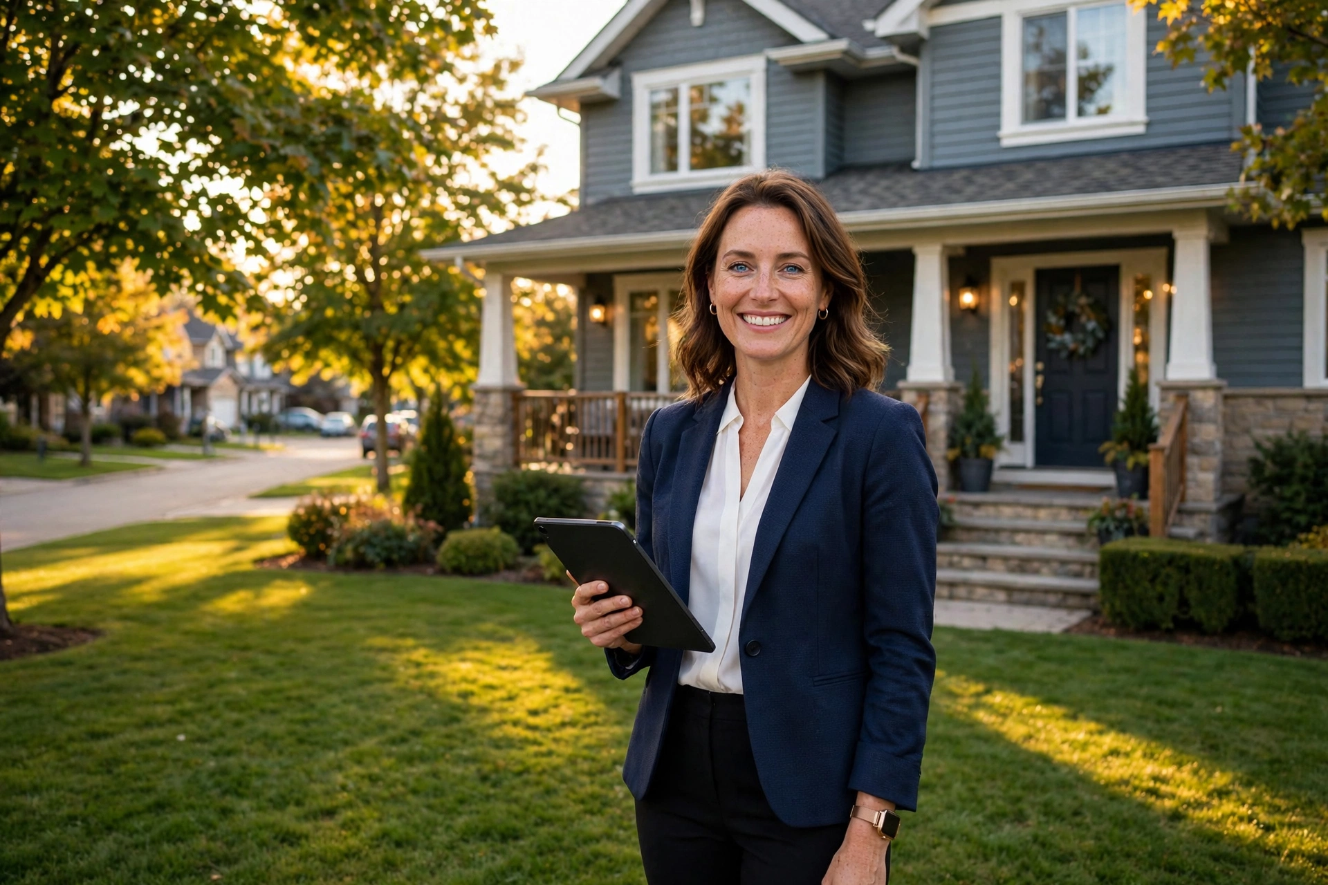 Real estate agent in a blazer holding a sold sign and a phone in front of a brick family home with a manicured lawn on a tree-lined residential street