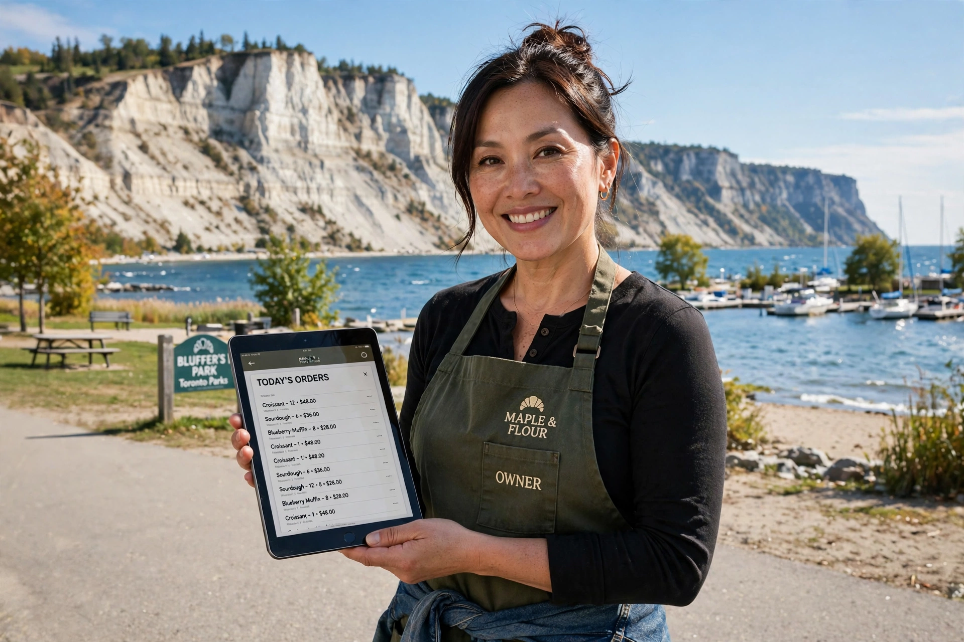 Scarborough bakery owner holding a tablet at Bluffer's Park, with the Scarborough Bluffs cliffs and Lake Ontario behind her