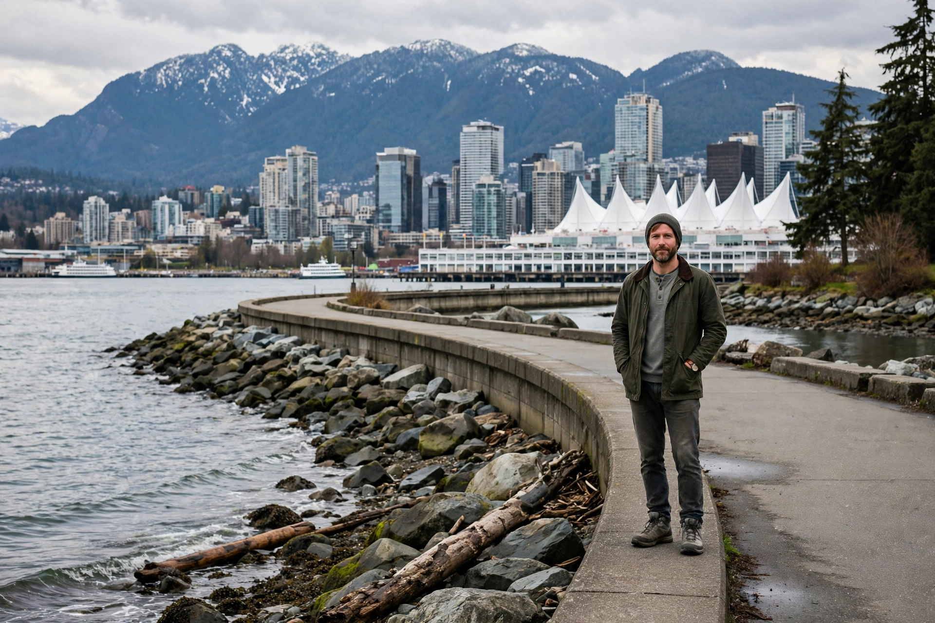 Vancouver business owner standing on the Stanley Park seawall path, with the downtown Vancouver skyline, Canada Place sails and North Shore mountains behind her