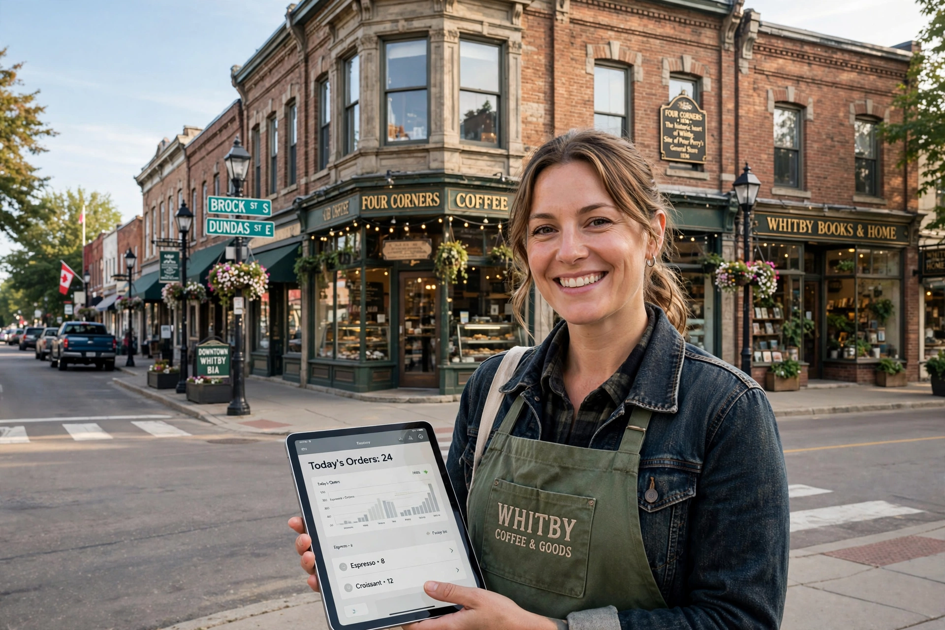 Whitby cafe owner holding a tablet at the historic Four Corners of Brock and Dundas streets, with heritage brick storefronts behind her